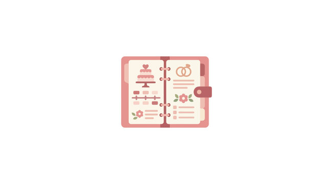 Open wedding planner notebook with gold rings.