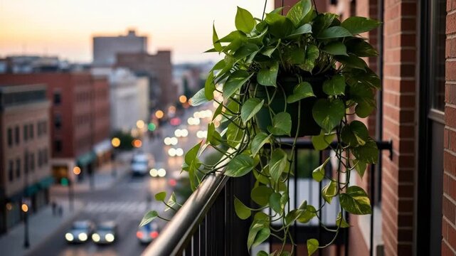 Lush green plant on a balcony overlooking a bustling city street at sunset.