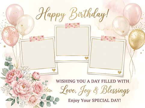 Happy birthday greeting card template with pink floral peonies, balloons, and empty photo frames for your pictures on a soft watercolor background
