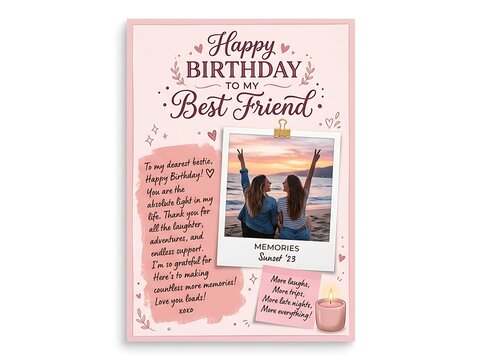 Happy birthday greeting card for best friend with a photo frame, sentimental message, and decorative elements on a soft pink background
