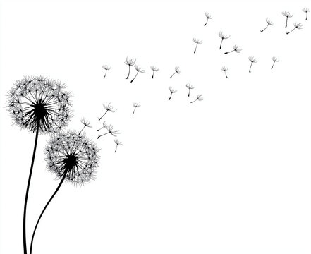 black and white vector illustration on a plain white background, featuring two dandelion seed heads with multiple seeds blowing away