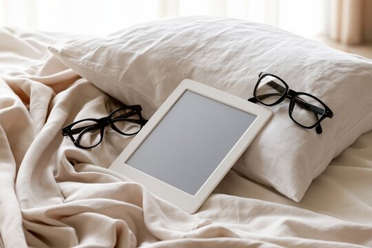 White tablet reader on linen bedspread beside folded pillow with black glasses