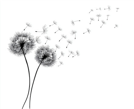 black and white vector illustration on a plain white background, featuring two dandelion seed heads with multiple seeds blowing away