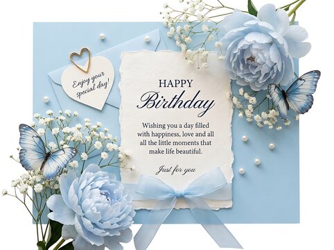Beautiful birthday greeting card with blue flowers, butterflies, and a heartfelt message, isolated on white background