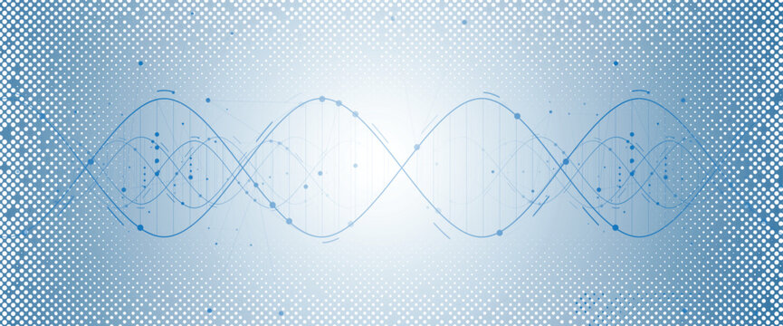 Halftone DNA helix and strands structure, connected neural web. Science and technology