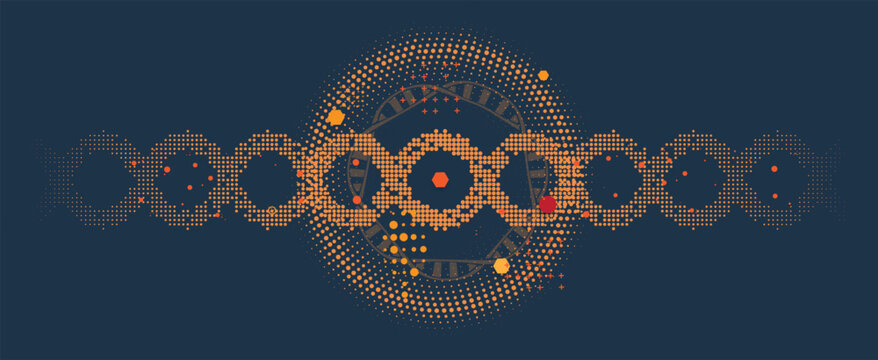 Halftone DNA helix and strands structure, connected neural web. Science and technology