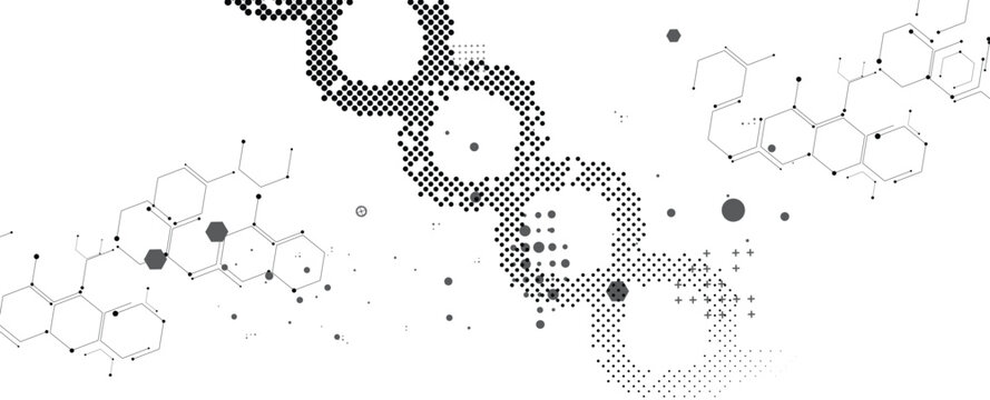 Halftone DNA helix and strands structure, connected neural web. Science and technology