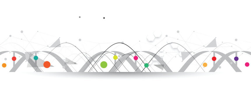 Halftone DNA helix and strands structure, connected neural web. Science and technology