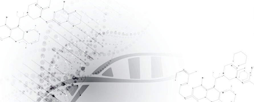 Halftone DNA helix and strands structure, connected neural web. Science and technology