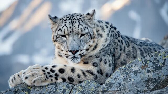 Majestic snow leopard with piercing blue eyes rests on a rocky mountain outcrop.