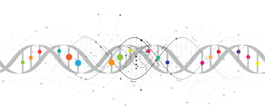 Halftone DNA helix and strands structure, connected neural web. Science and technology