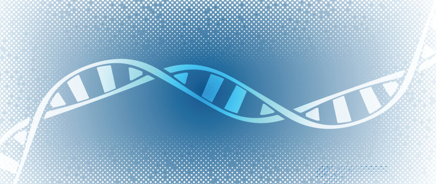 Halftone DNA helix and strands structure, connected neural web. Science and technology