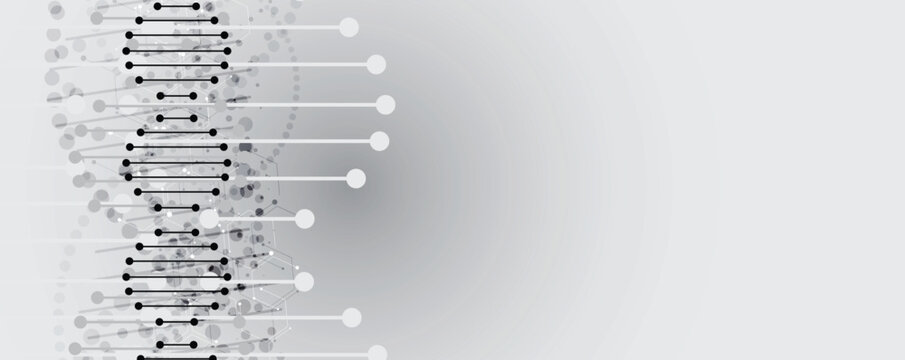 Halftone DNA helix and strands structure, connected neural web. Science and technology