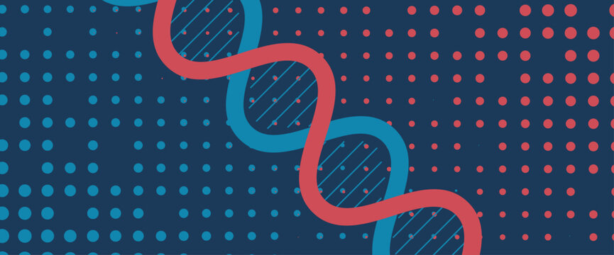 Halftone DNA helix and strands structure, connected neural web. Science and technology