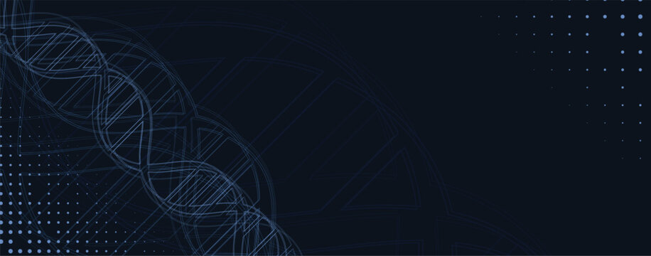 Halftone DNA helix and strands structure, connected neural web. Science and technology