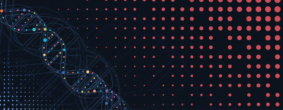 Halftone DNA helix and strands structure, connected neural web. Science and technology