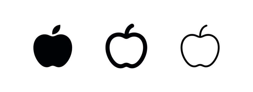 Apple Fruit Icon Set in Different Styles. Vector Black and White Silhouette, Thick and Thin Outline Symbols.