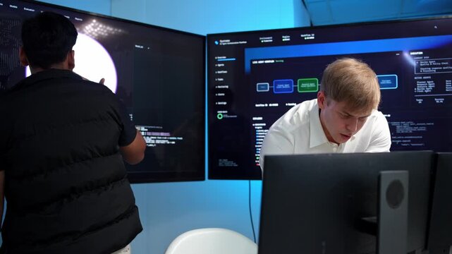 Two professionals collaborating in a modern tech environment with large screens displaying data and code