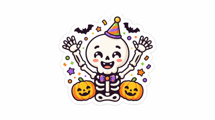 Fototapeta premium Cute halloween skeleton character wearing a colorful party hat and bow tie surrounded by carved pumpkins and flying bats in this vibrant flat vector illustration design for festive holiday decor