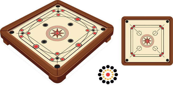 Traditional wooden carrom board game vector set featuring perspective view top view layouts and striking coins on white background