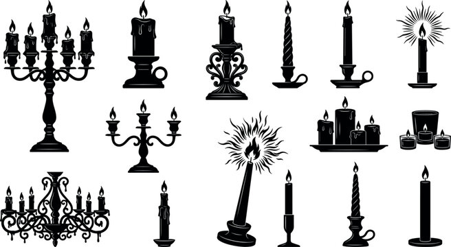 Vintage black candle silhouette vector collection featuring gothic candelabras spooky melting wax and retro candlesticks on plain white background