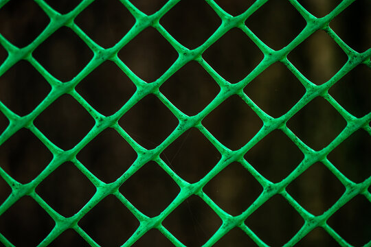 Green plastic mesh forming a repetitive diamond pattern, providing a visual texture and a background element against a dark, blurred backdrop, suggesting concepts of barrier and structure