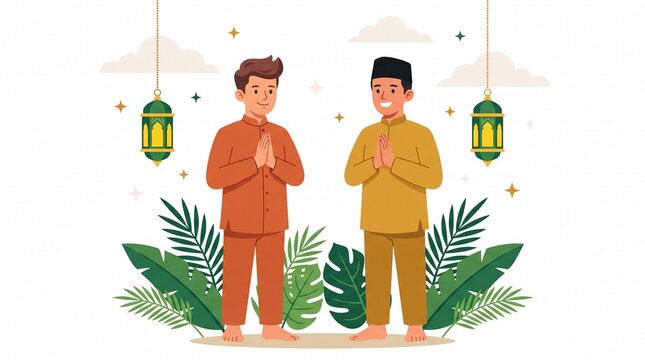 Two men wearing traditional clothing greeting each other with hands together in a decorative setting with greeting gesture surrounded surrounded hanging lanterns lanterns tropical foliage religious