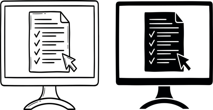 Online test computer questionnaire vector set with hand drawn line and silhouette screen filling digital survey form on white background