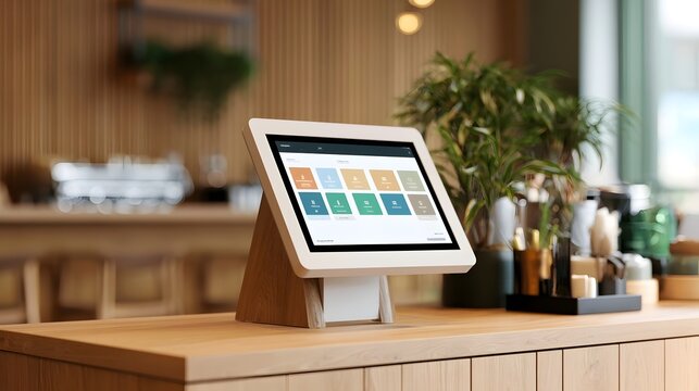 Modern touchscreen kiosk on wooden counter in a bright cafe with green plants and blurred background seating