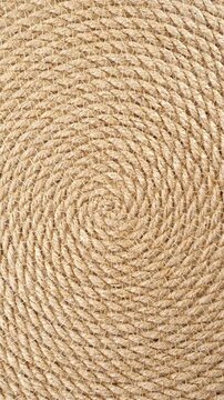Natural Fiber Rope Texture Rotating Smoothly. Close-up of a circular rope weave turning smoothly in a warm beige spiral pattern.