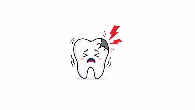 Flat 2D vector animation of a painful tooth with red pain symbols, dental healthcare concept, clean medical illustration, alpha channel transparent background.
