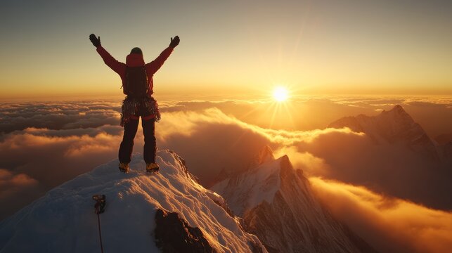 Summit of Success: A lone climber stands triumphantly atop a snow-capped mountain peak, arms outstretched towards a breathtaking sunrise, embodying the pinnacle of human achievement.