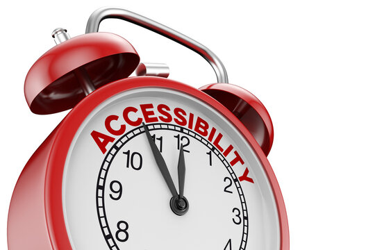Zeiger eines roten Weckers zeigen auf Schriftzug &bdquo;Accessibility&ldquo; als Konzept f&uuml;r Barrierefreiheit