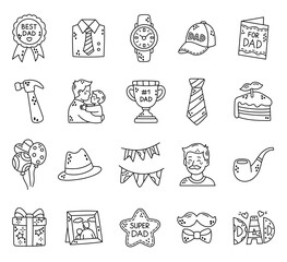 Fototapeta premium Father day set featuring medal shirt necktie wristwatch cap card hammer trophy cake balloon fedora garland pipe gift frame mustache
