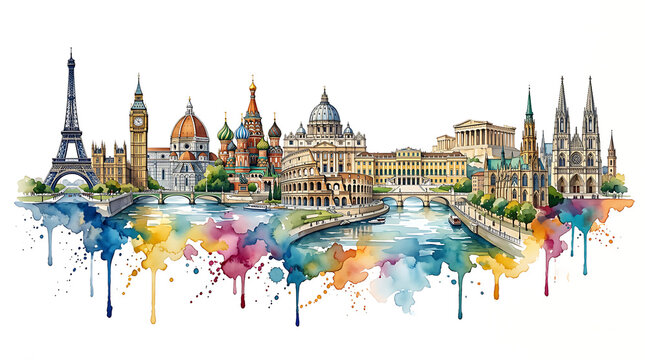 Watercolor Panorama of Iconic World Landmarks and City Skylines
