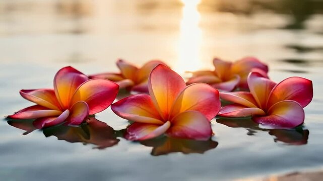 Vibrant pink and yellow plumeria flowers float peacefully on calm water at sunset.