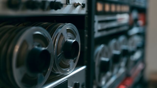 Close up of vintage reel to reel tape recorders with metallic reels and control knobs in a dimly lit studio setting