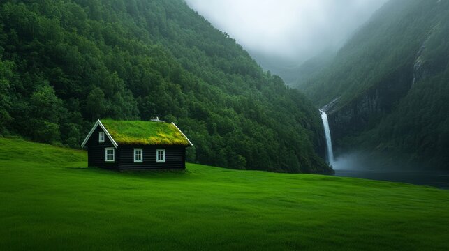 Tranquil Retreat: A charming, dark-wood cabin with a moss-covered roof sits nestled in a vibrant green meadow, with a majestic waterfall cascading down a misty mountain in the background.