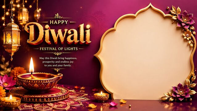 Happy diwali festival of lights greeting card template with empty frame and oil lamp festival greeting template