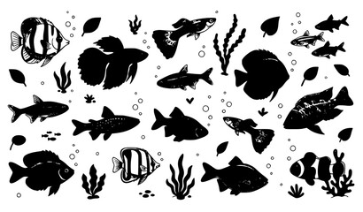 Obraz premium Set of hand drawn aquarium fish silhouettes and seaweed elements on a white background for design projects
