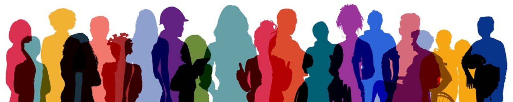 Buntes Panorama aus Silhouetten vieler Generationen von Kindern bis Senioren