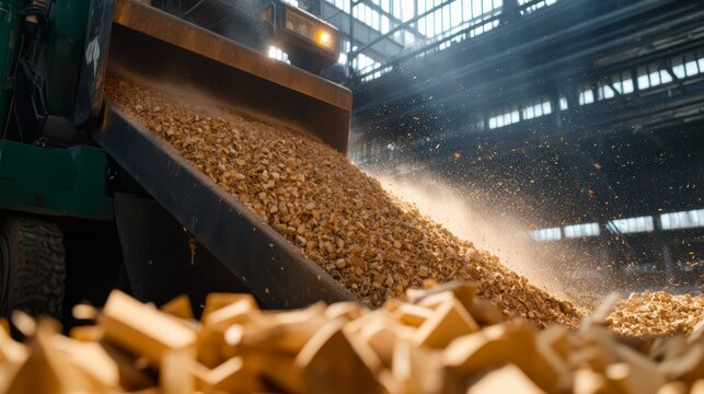 Wood Chipper in Action: A close-up shot captures the powerful action of a wood chipper machine as it processes wood chips, creating fine particles and dust.