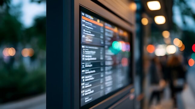 Digital display showing bus schedule with blurred city lights and pedestrians in the background during evening