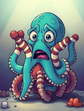 A shocked cartoon octopus wearing multiple socks on its tentacles, unable to tell which are its own arms, in a undersea chest, vibrant colors, silly