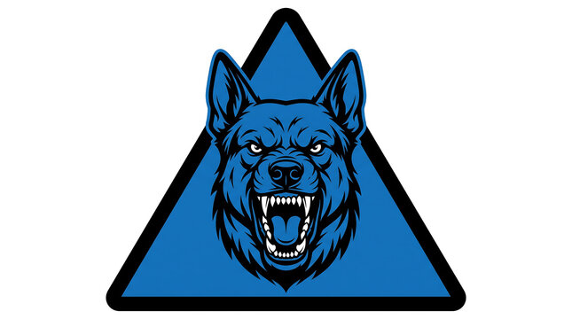 Fierce snarling blue wolf head mascot vector logo design inside triangle