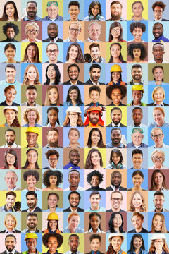 Vertikale Collage von berufst&auml;tigen Menschen verschiedener Branchen vor Farbhintergr&uuml;nden
