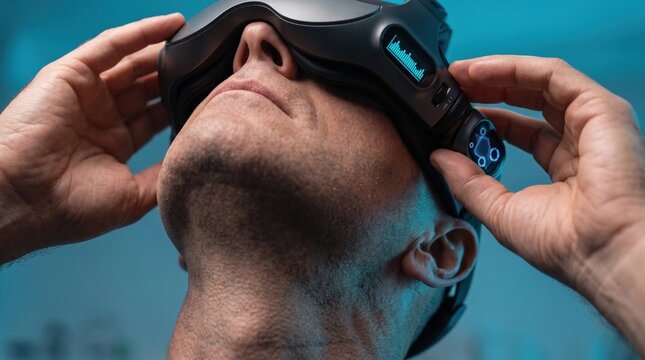 Man wearing advanced neural interface headset for cognitive enhancement. Futuristic laboratory setting with soft blue ambient lighting.