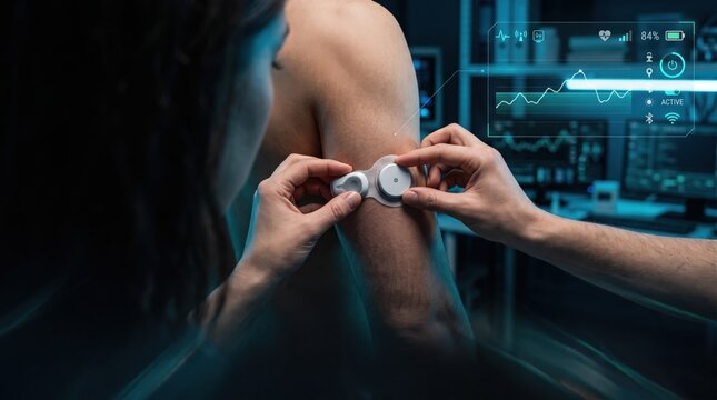 Person applying a wearable biohacking sensor to arm. Digital interface displays health metrics in a dark laboratory setting.