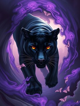 A sleek black panther emerging from a swirling portal of dark energy and purple smoke, glowing amber eyes, mystical, fantasy concept art, ominous atmosphere
