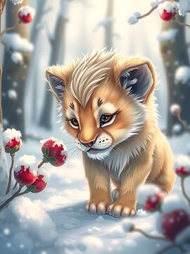 A small lion cub with fur like freshly fallen snow and a icicle mane, curiously sniffing a frozen berry, in a gentle winter forest, soft lighting, cute elemental art